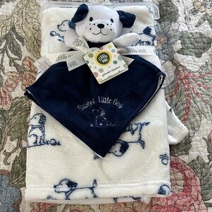 Little Me Navy and White Puppy Blanket Set